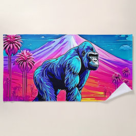 Levendige Neon Gorilla in een surrealistisch Oerwo Strandlaken