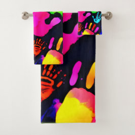 Levendige Neon Handafdruk Kunst Bad Handdoek