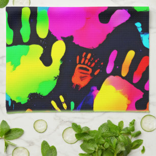 Levendige Neon Handafdruk Kunst Theedoek