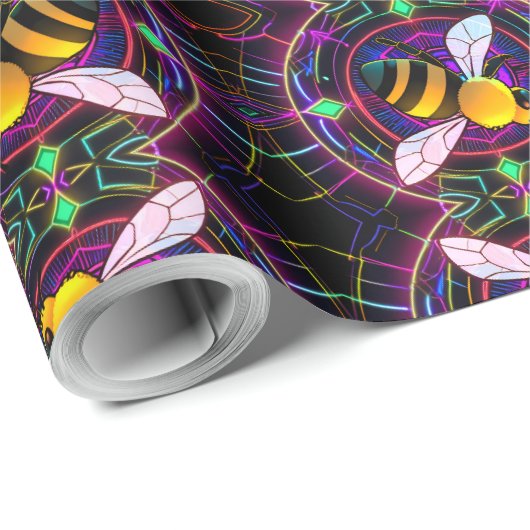 Levendige Neon Honingbij met Abstract Patroon Cadeaupapier (Rol Hoek)