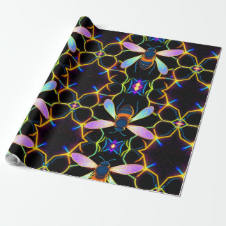 Levendige Neon Honingbij met Abstracte zeshoekige Cadeaupapier