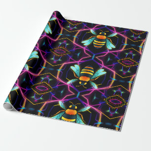 Levendige Neon Honingbij met Abstracte zeshoekige Cadeaupapier