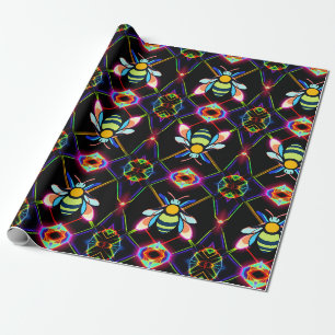 Levendige Neon Honingbij met Abstracte zeshoekige Cadeaupapier