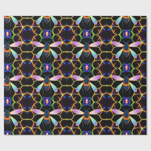 Levendige Neon Honingbij met Abstracte zeshoekige Cadeaupapier (Vlak)