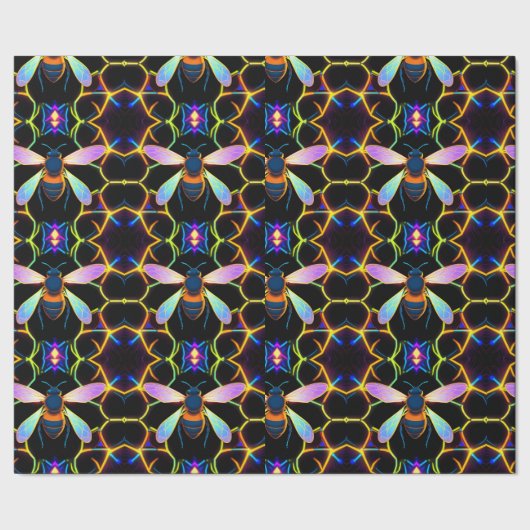 Levendige Neon Honingbij met Abstracte zeshoekige Cadeaupapier (Zoom)