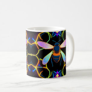 Levendige Neon Honingbij met Abstracte zeshoekige Koffiemok