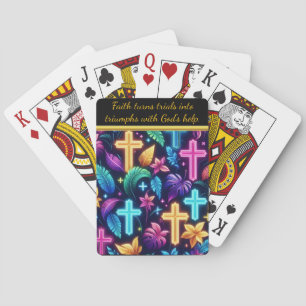 Levendige neon kruist tussen tropisch gebladerte pokerkaarten
