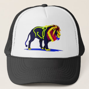 Levendige neon leeuw illustratie met levendig mage trucker pet
