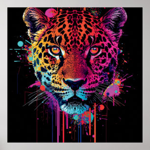 Levendige Neon Luipaard Muurkunst Poster