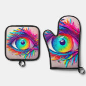 Levendige Neon Oog Abstracte Kunst Ovenwant & Pannenlap Set (Voorkant)