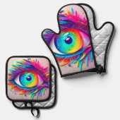 Levendige Neon Oog Abstracte Kunst Ovenwant & Pannenlap Set (Voorkant / Achterkant)