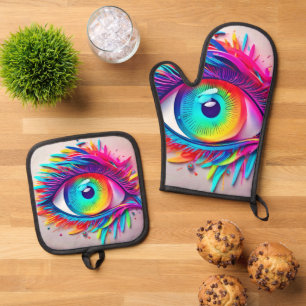 Levendige Neon Oog Abstracte Kunst Ovenwant & Pannenlap Set