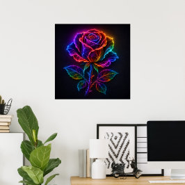 Levendige Neon Regenboog Roos Bloei met Elektrisch Poster