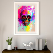 Levendige Neon Sugar Skull met Abstracte Paint Spl Foto Afdruk