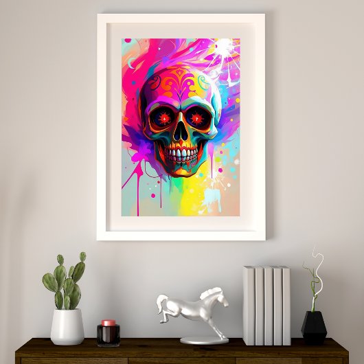 Levendige Neon Sugar Skull met Abstracte Paint Spl Foto Afdruk