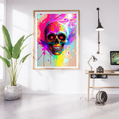 Levendige Neon Sugar Skull met Abstracte Paint Spl Foto Afdruk