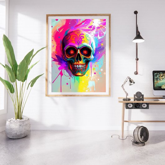 Levendige Neon Sugar Skull met Abstracte Paint Spl Foto Afdruk