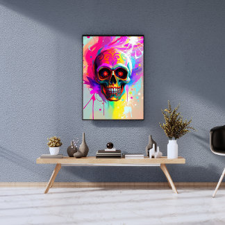 Levendige Neon Sugar Skull met Abstracte Paint Spl Foto Afdruk