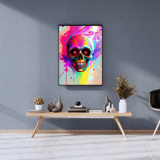 Levendige Neon Sugar Skull met Abstracte Paint Spl Foto Afdruk