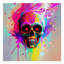 Levendige Neon Sugar Skull met Abstracte Paint Spl