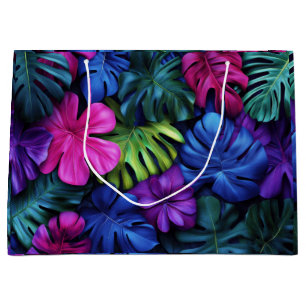Levendige neon tropische Monstera-bladeren achterg Groot Cadeauzakje
