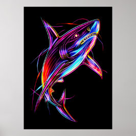 Levendige Neonhaai Moderne Digitale Oceaan Poster