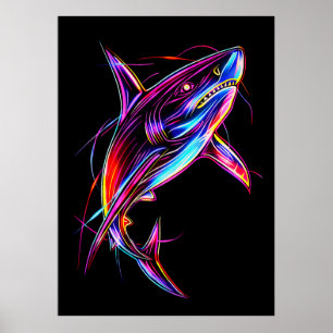 Levendige Neonhaai Moderne Digitale Oceaan Poster