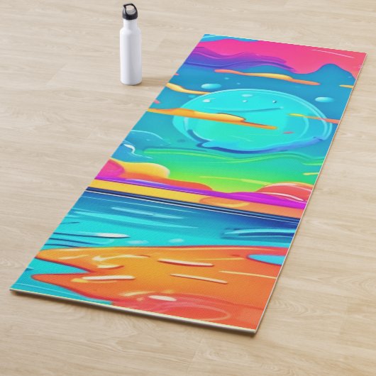 Levendige neonzonsondergang boven oceaangolven yogamat (In situ)