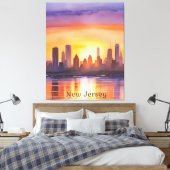 Levendige New Jersey Waterverf Sunset Art Canvas Afdruk (Insitu (Slaapkamer))