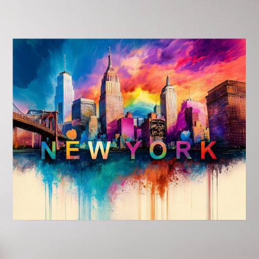 Levendige New York City kleurrijke skyline kunst Poster (Voorkant)