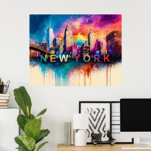 Levendige New York City kleurrijke skyline kunst Poster