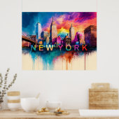 Levendige New York City kleurrijke skyline kunst Poster (Keuken)