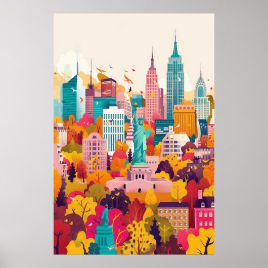 Levendige New York City Skyline Flat Vector Art Po Poster (Voorkant)