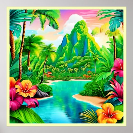 Levendige oceaangolven en palmbomen kunst poster (Voorkant)