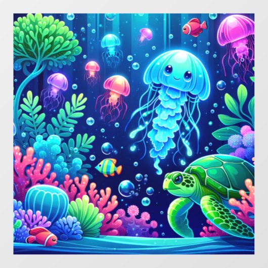 Levendige Ocean Fantasy met kwallen en schildpadde Raamsticker (Vel)
