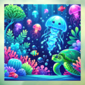 Levendige Ocean Fantasy met kwallen en schildpadde Raamsticker (Vel 3)