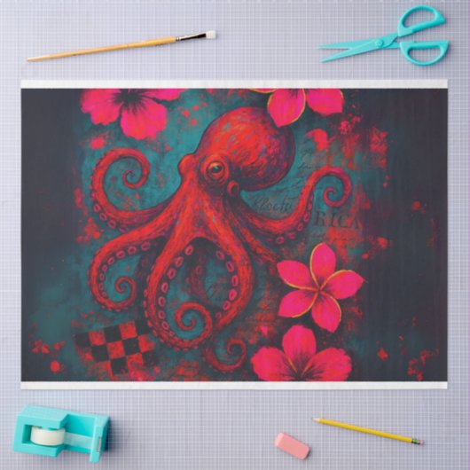 Levendige octopus en tropische bloemen - Decoupage Tissuepapier (Craft)
