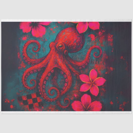 Levendige octopus en tropische bloemen - Decoupage Tissuepapier (Voorkant)