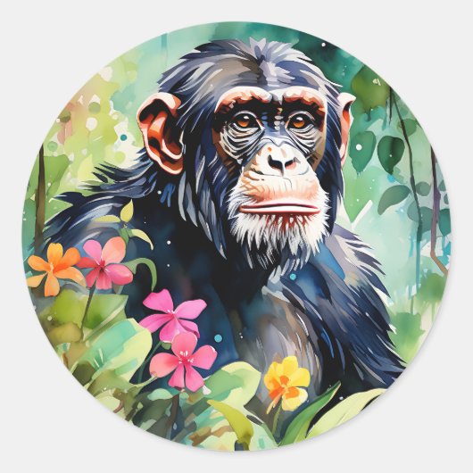 Levendige Oerwouden chimpansee Ronde Sticker (Voorkant)