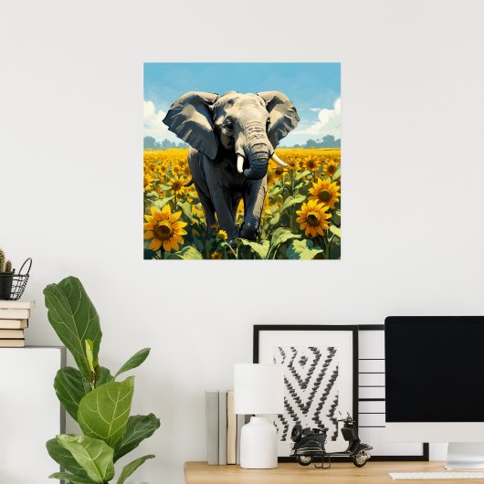 Levendige Olifant in Zonnebloem Veldschilderij Poster (Thuiskantoor)