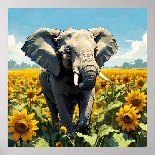 Levendige Olifant in Zonnebloem Veldschilderij Poster (Voorkant)