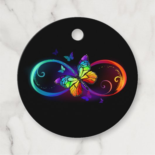 Levendige oneindigheid met een zwarte regenboogvli bedankjes labels (Voorkant)