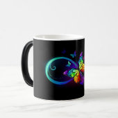 Levendige oneindigheid met een zwarte regenboogvli magische mok (Voorkant links)