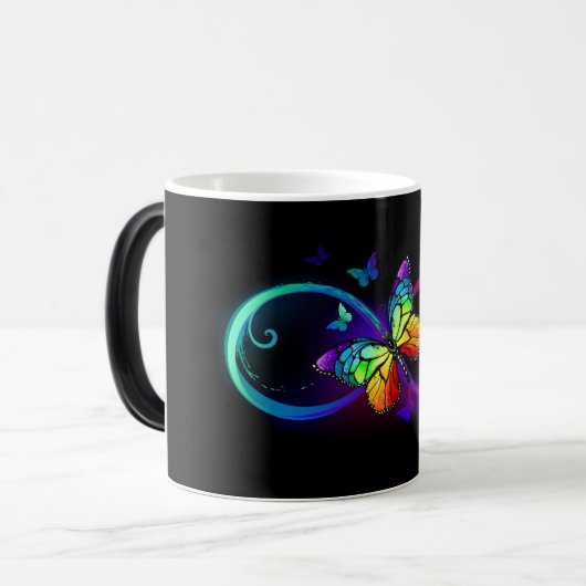 Levendige oneindigheid met een zwarte regenboogvli magische mok (Voorkant links)