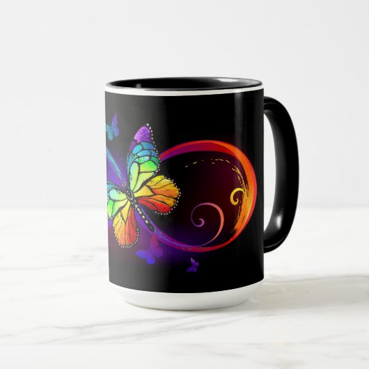 Levendige oneindigheid met een zwarte regenboogvli mok (Voorkant rechts)