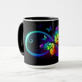 Levendige oneindigheid met een zwarte regenboogvli mok (Voorkant links)