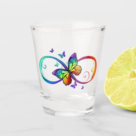 Levendige oneindigheid met een zwarte regenboogvli shot glas (Voorkant)