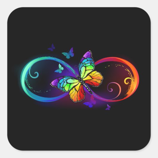 Levendige oneindigheid met een zwarte regenboogvli vierkante sticker (Voorkant)