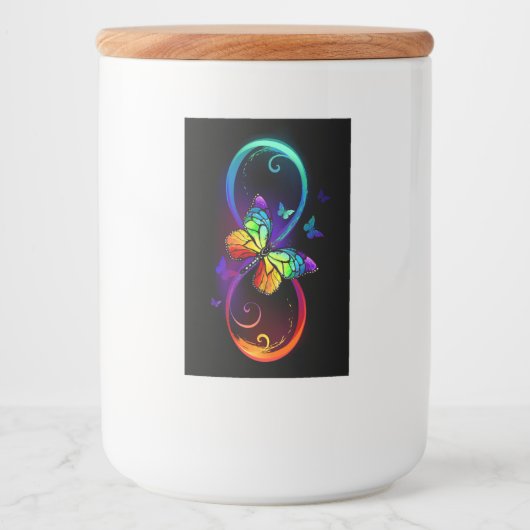 Levendige oneindigheid met een zwarte regenboogvli voedselcontainer etiket (Voorkant)