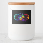 Levendige oneindigheid met een zwarte regenboogvli voedselcontainer etiket (Voorkant)